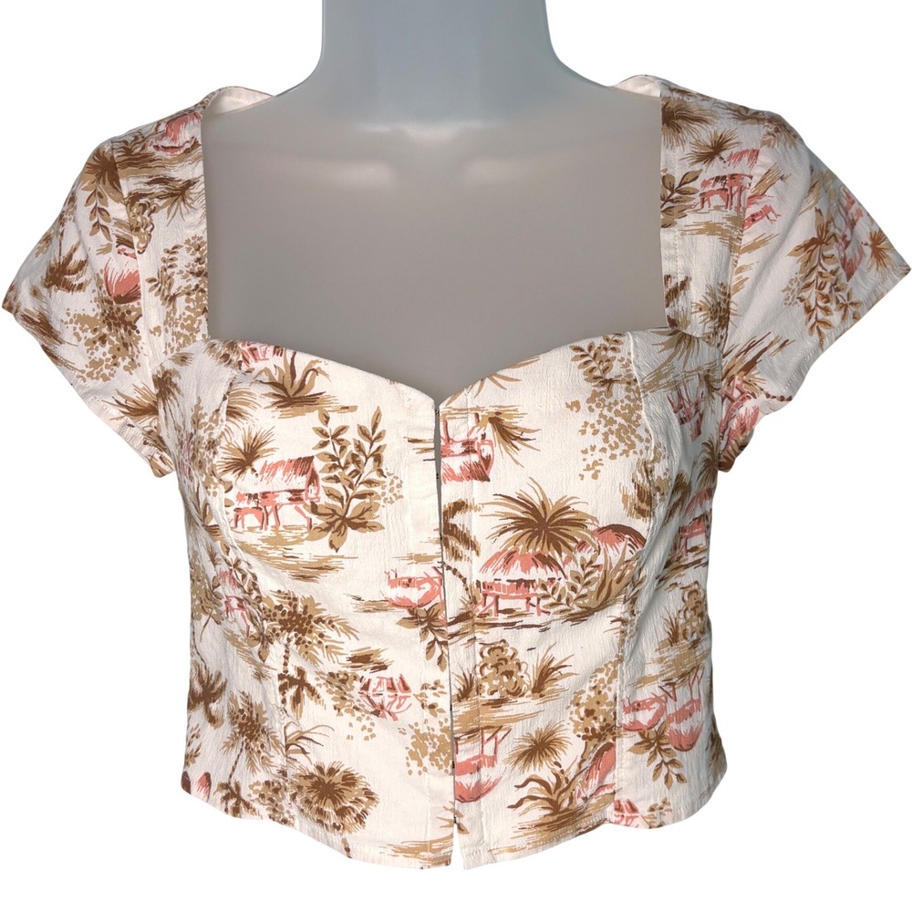 Small crop front clasp Cream Tropical Hook Eye Top short Abercrombie &‎ Fitch